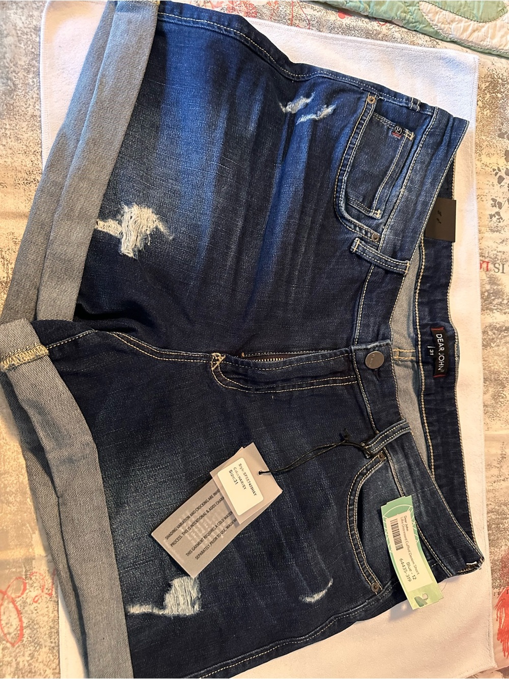 Dear John Dark Blue Distressed Rolled-Hem Denim Shorts
